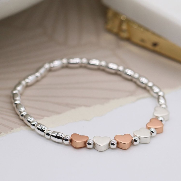 Silver plated and rose gold matt hearts bracelet