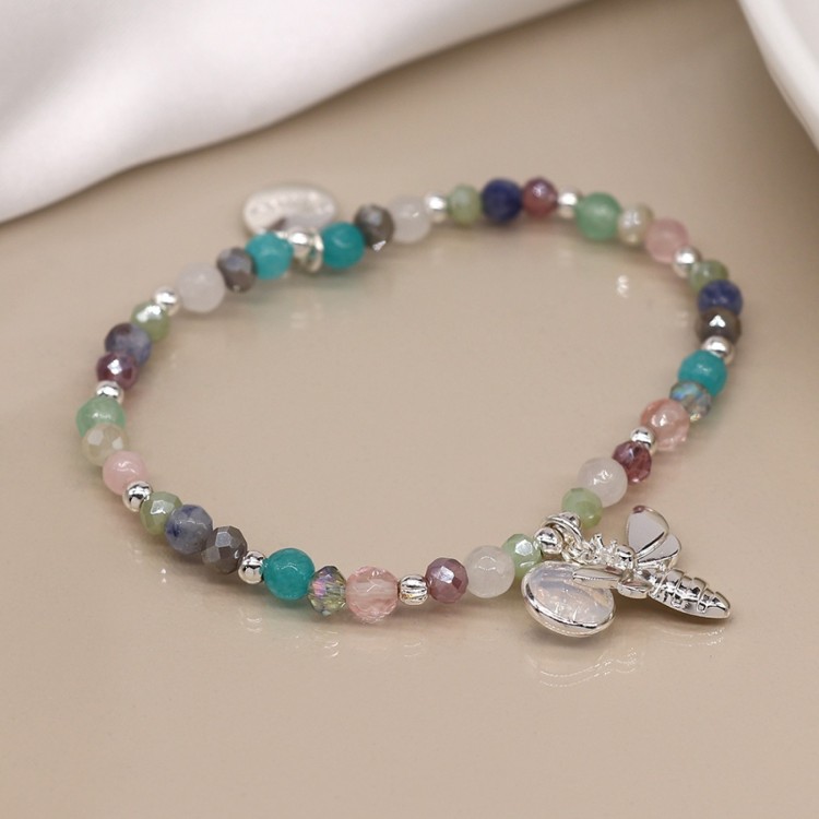 Silver plated mixed bead bee and crystal bracelet