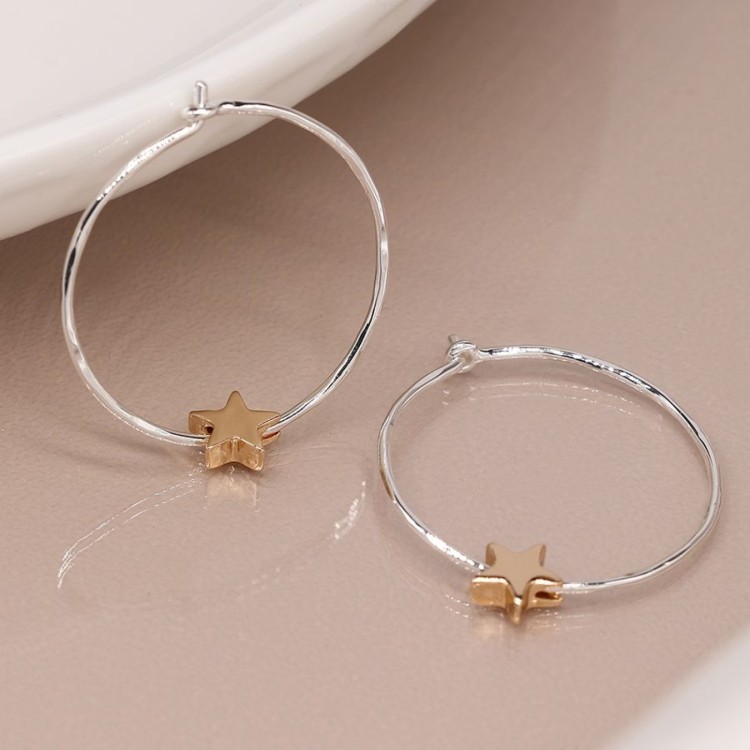 Silver plated organic hoop and golden star earrings