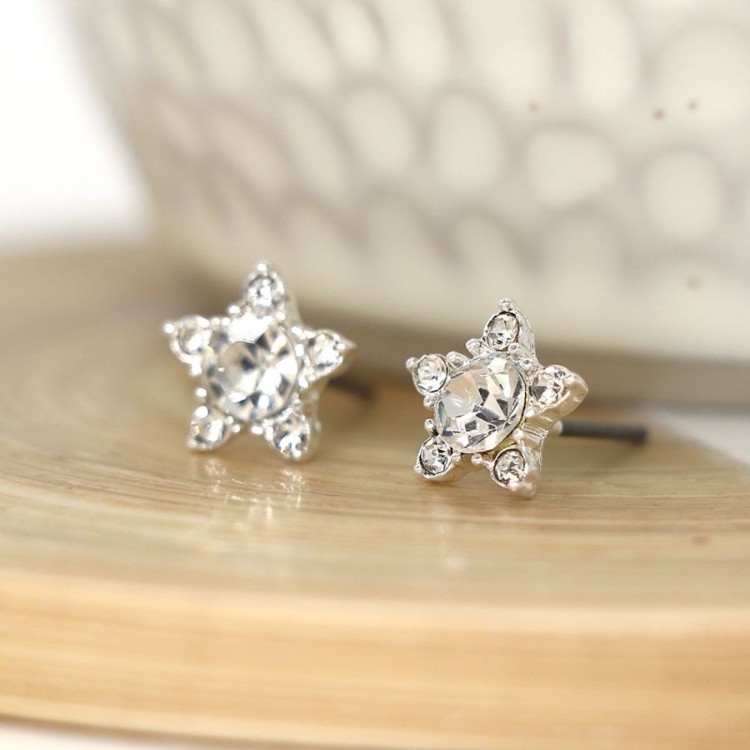 Silver plated star flower crystal stud earring