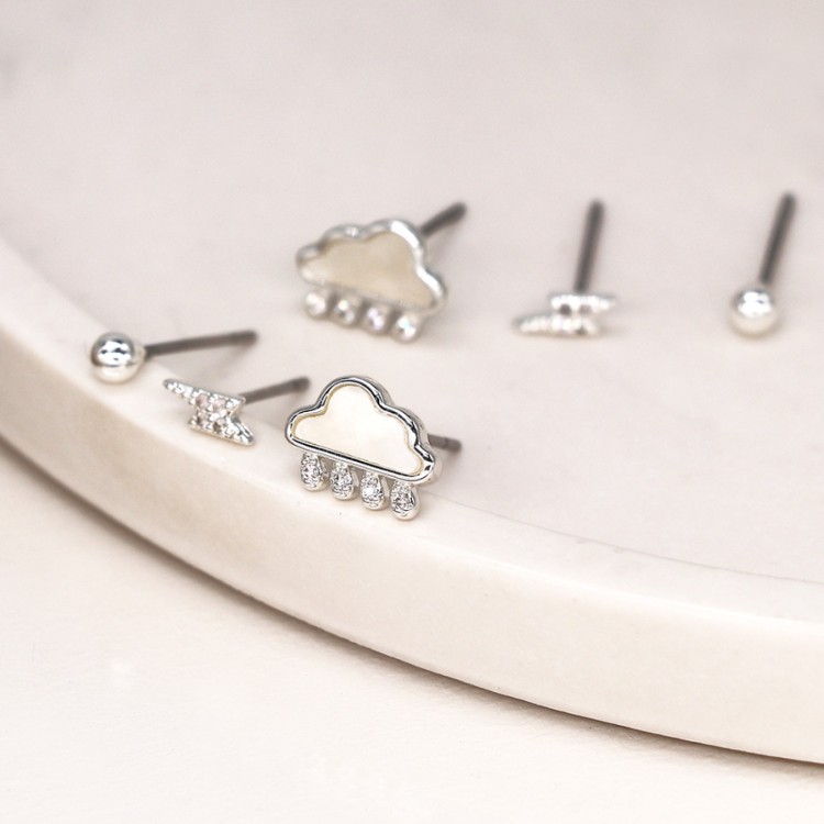 Silver Plated Triple Cloud and Lightning Stud Set