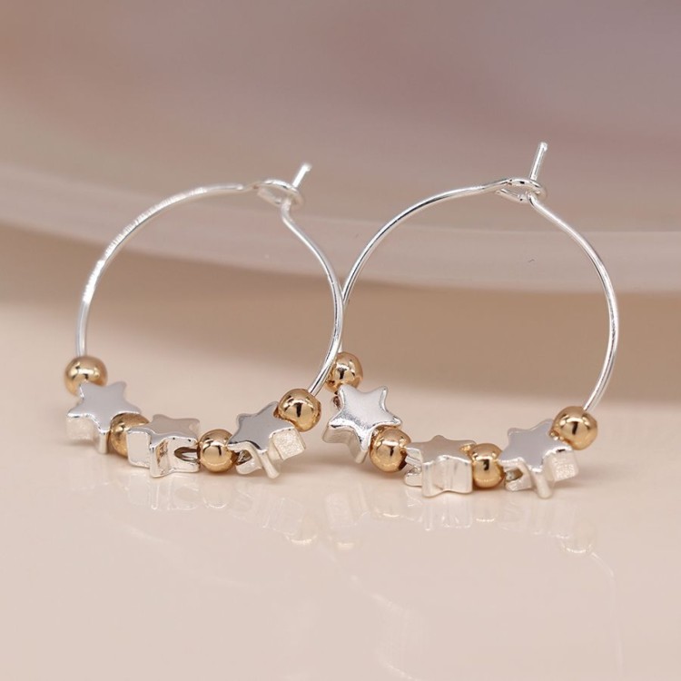 Silver plated wire hoop, stars and golden bead earrings
