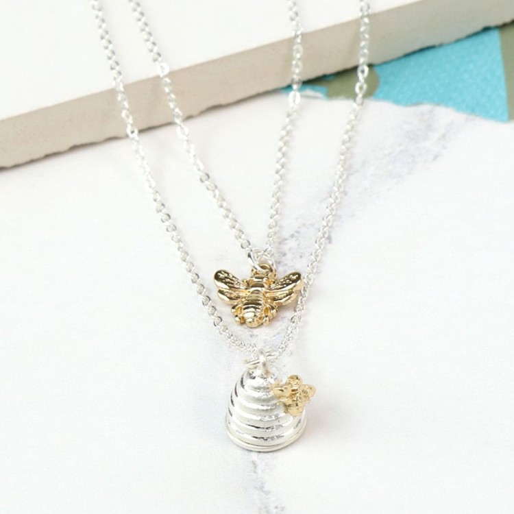 Pom Silver Plated Layered Honey Bee And Beehive Necklace