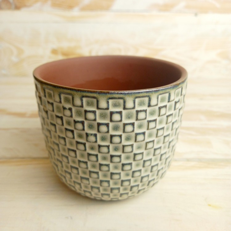 Square Patterned Ceramic Pale Green/White Pot 10cm