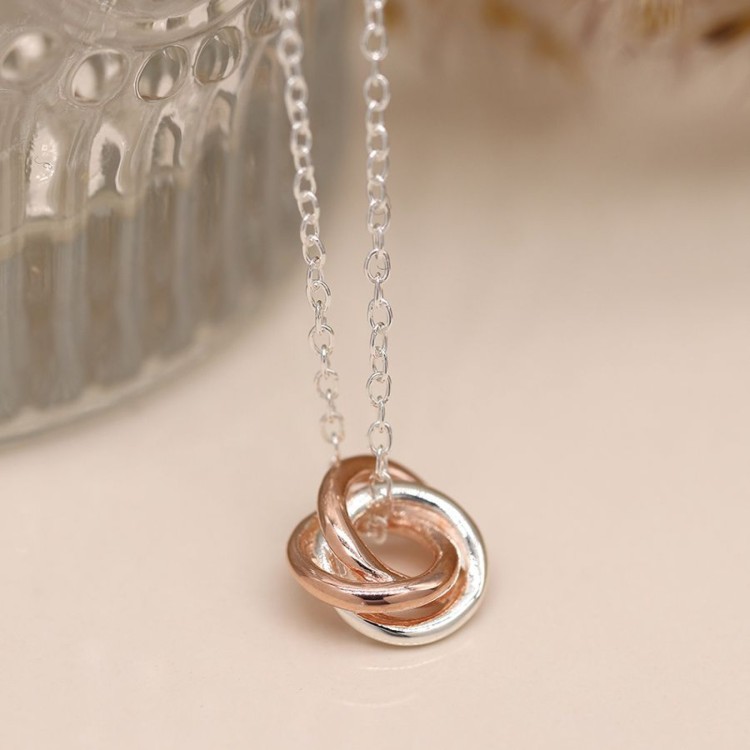 Sterling silver and rose gold intertwined hoops necklace
