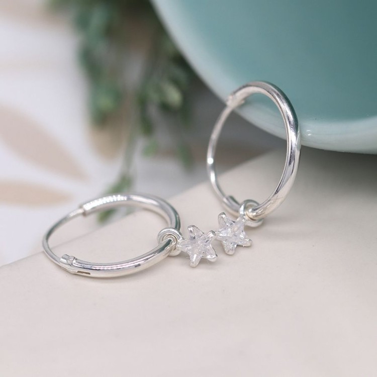 Pom Sterling silver creole hoop earrings with CZ stars