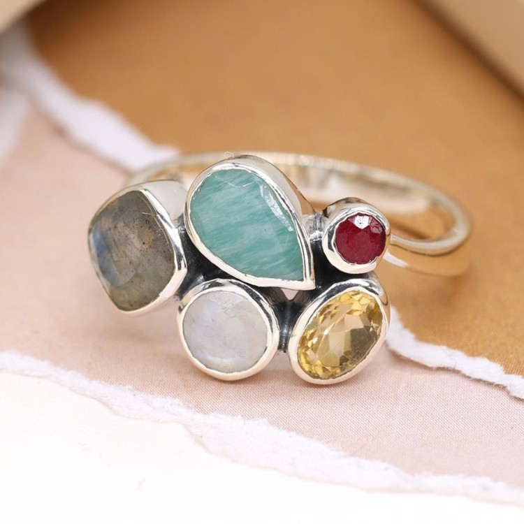 Sterling silver faceted multi gemstone ring