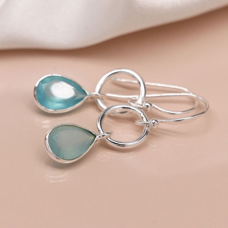 Sterling silver hoop and chalcedony drop earrings