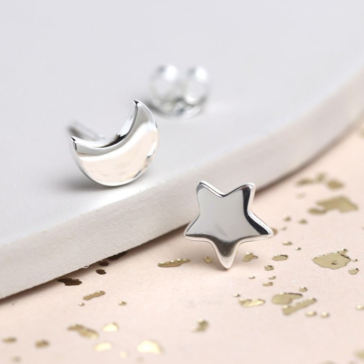 Pom Sterling silver moon and star mismatched stud earrings