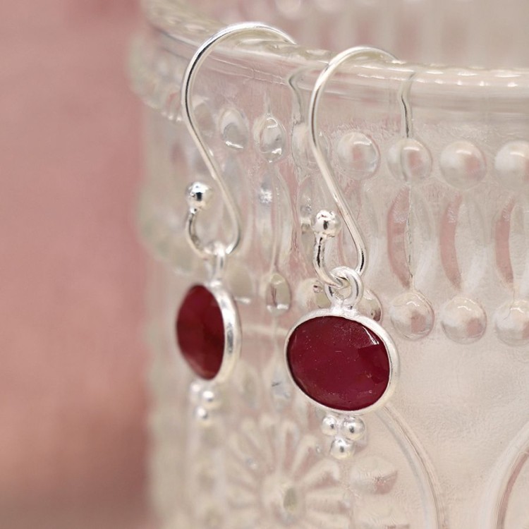 Sterling silver ruby oval drop earrings