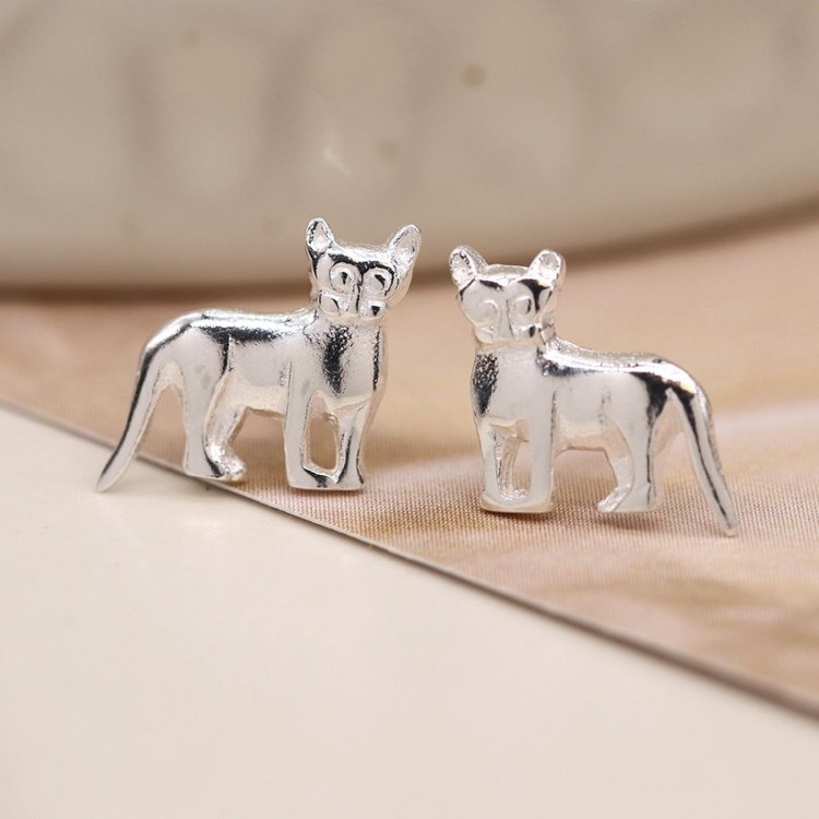 Sterling silver standing cat stud earrings.