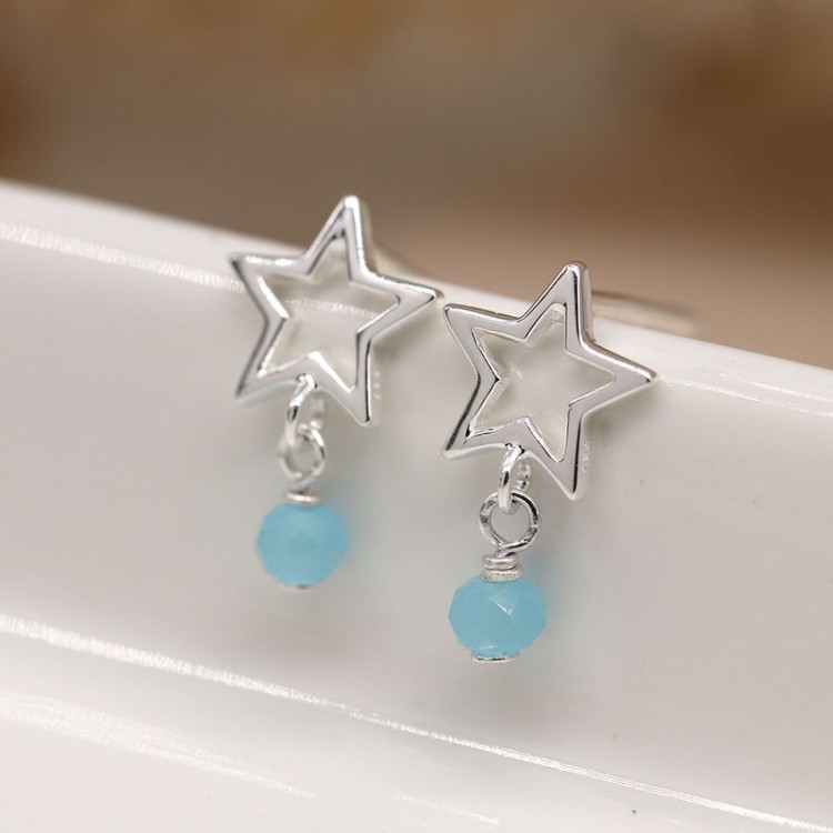 Sterling silver star and aqua bead earrings