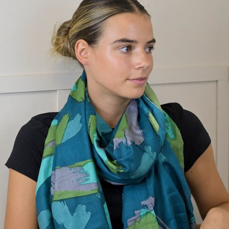 Teal Mix Brushstroke Print Bamboo Scarf