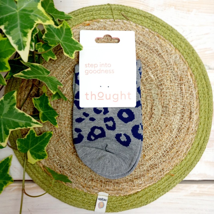 Thought Reese Bamboo Grey Leopard Print Trainer Sock