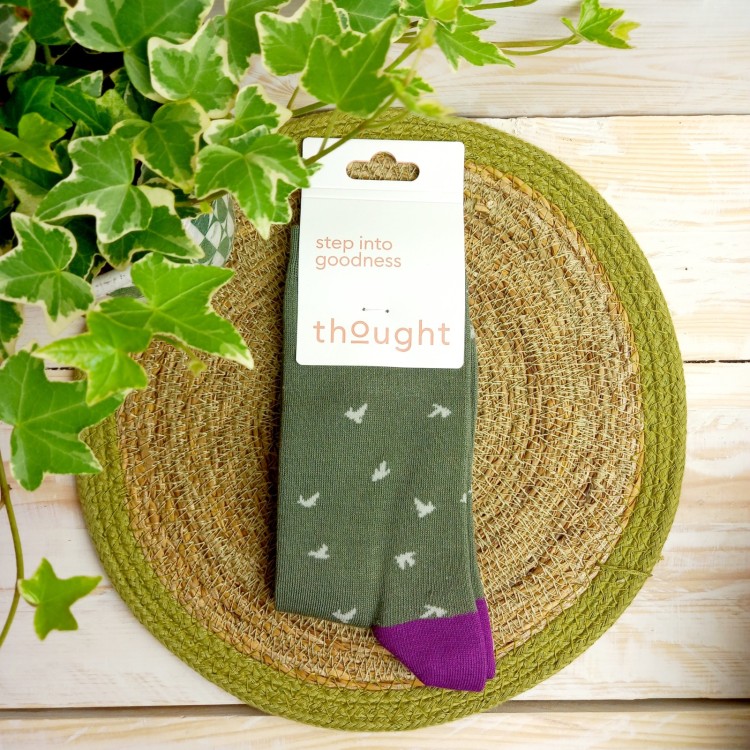 Thought Wren Bamboo Bird Socks - Olive Green