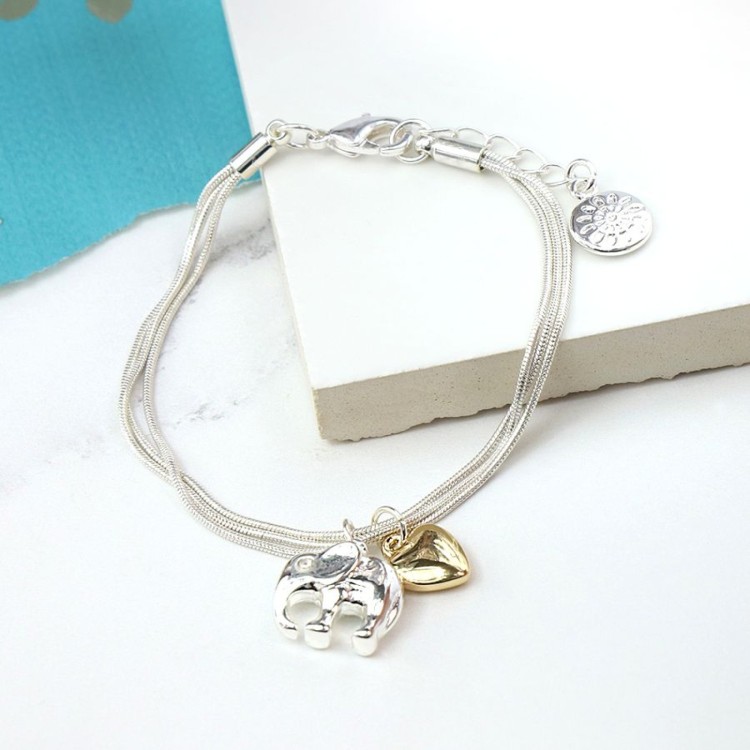 Triple Strand Silver Plated Elephant Heart Bracelet