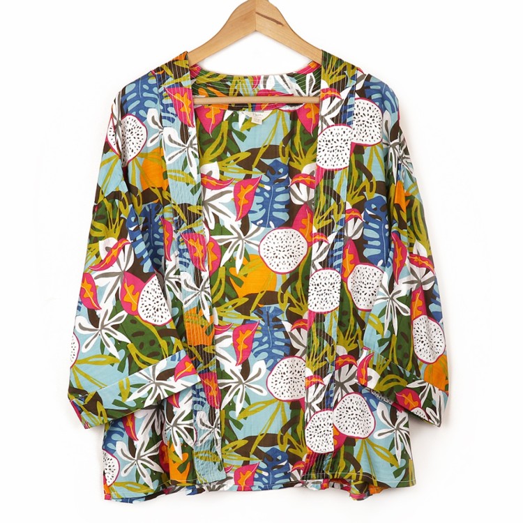 Tropical flower and dragonfruit print kimono
