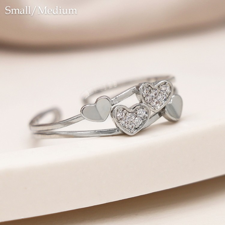 White gold plated double band crystal hearts ring