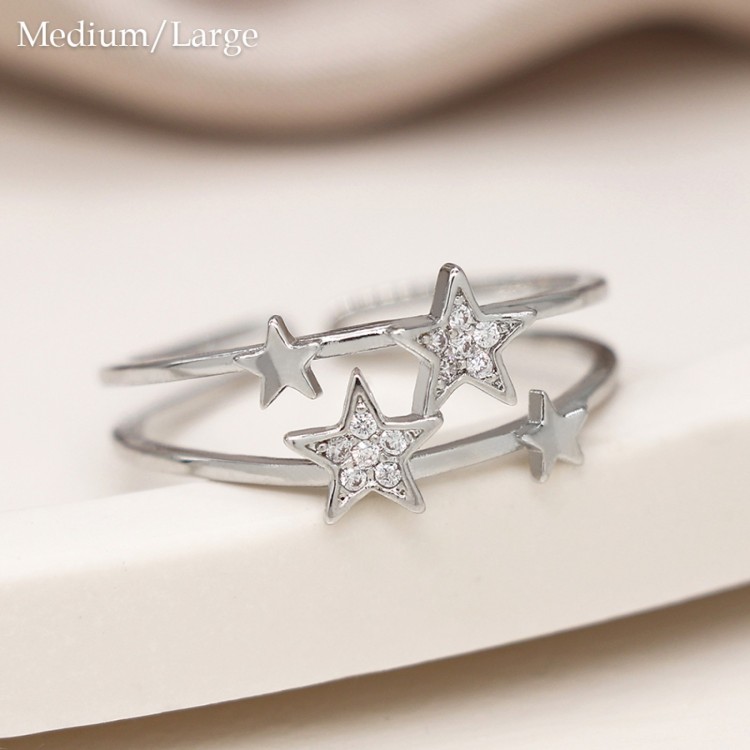 White gold plated double band crystal star ring med/lge