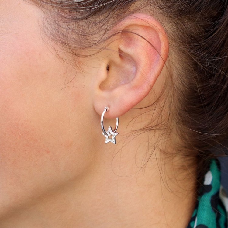 Pom silver plated hoop and crystal inset star earrings